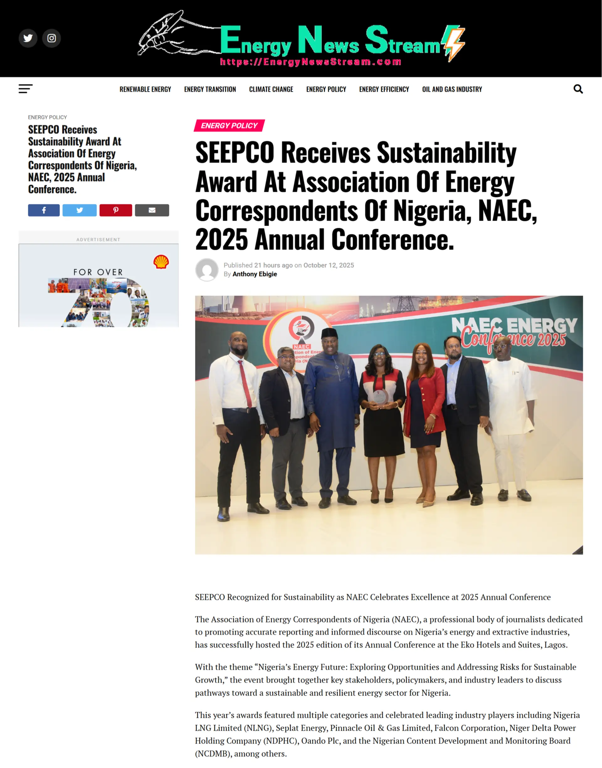 SEEPCO Receives Sustainability Award At Association Of Energy Correspondents