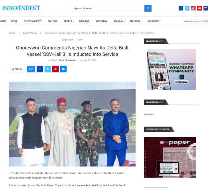 Oborevwori Commends Nigerian Navy As Delta-Built Vessel ‘SSV-Kali 3