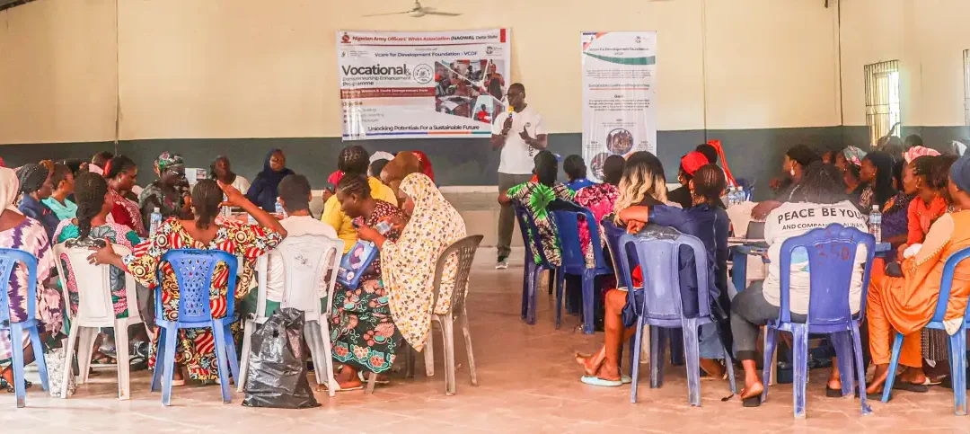 Beneficiaries receiving vocational training and business start-up support during the Sterling Oil, VCDF and NAOWA women empowerment programme in Delta State.